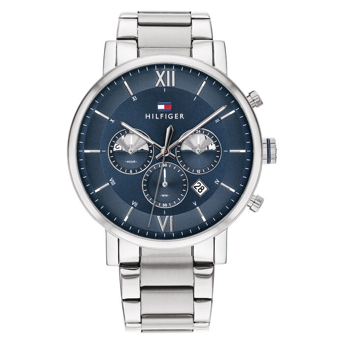 Relógio masculino TOMMY HILFIGER prata mostrador azul pulseira de prata 44mm