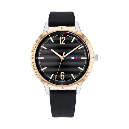 Relógio importado TOMMY HILFIGER feminino 38mm com pulseira de silicone preta e caixa acabamento dourado