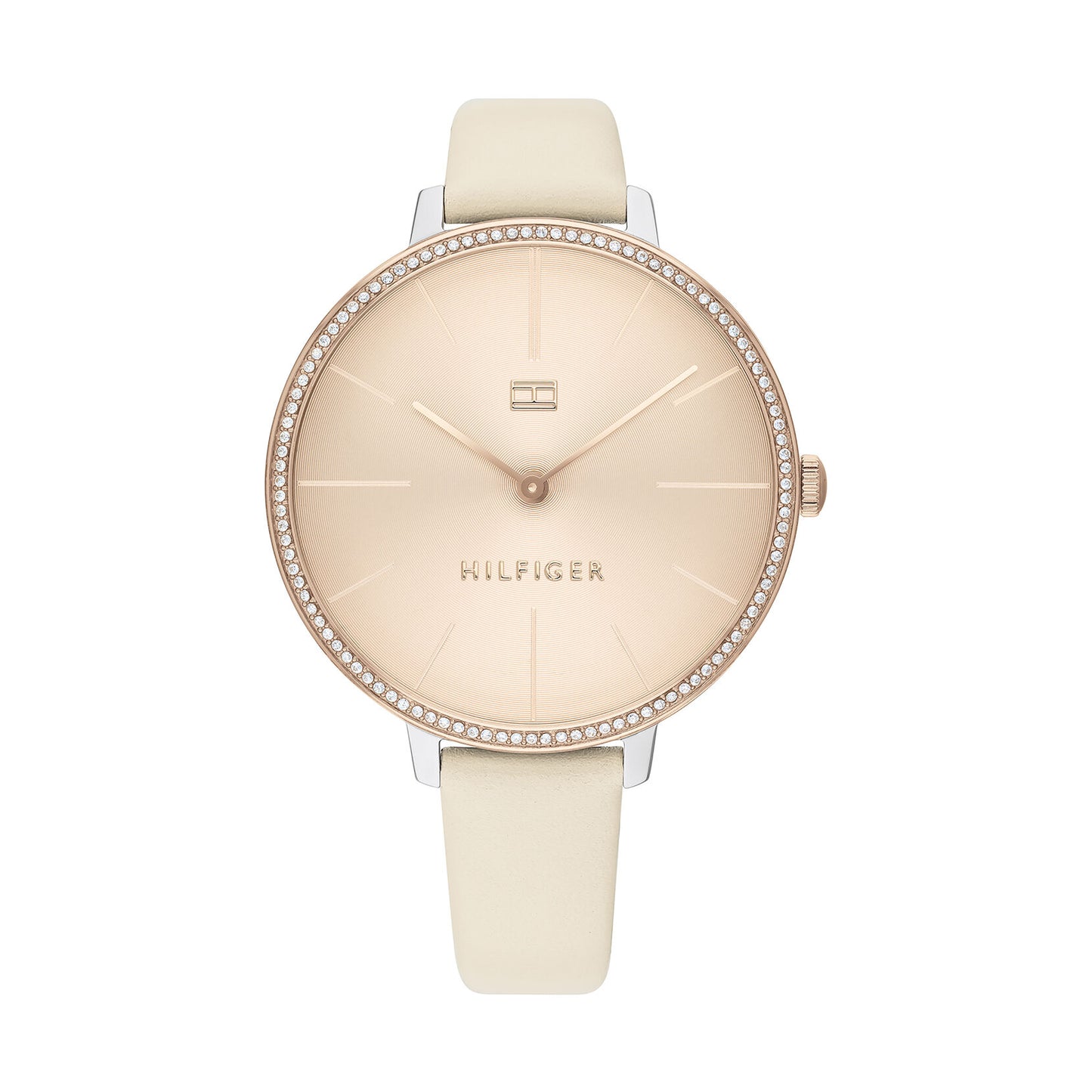 Relógio importado TOMMY HILFIGER feminino 38mm com cristais mostrador rose pulseira branco creme