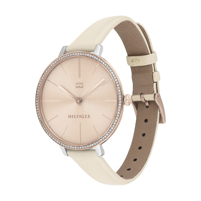 Relógio importado TOMMY HILFIGER feminino 38mm com cristais mostrador rose pulseira branco creme