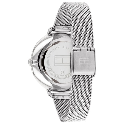 Relógio importado TOMMY HILFIGER feminino 38mm prateado mostrador branco e contorno de Crystais