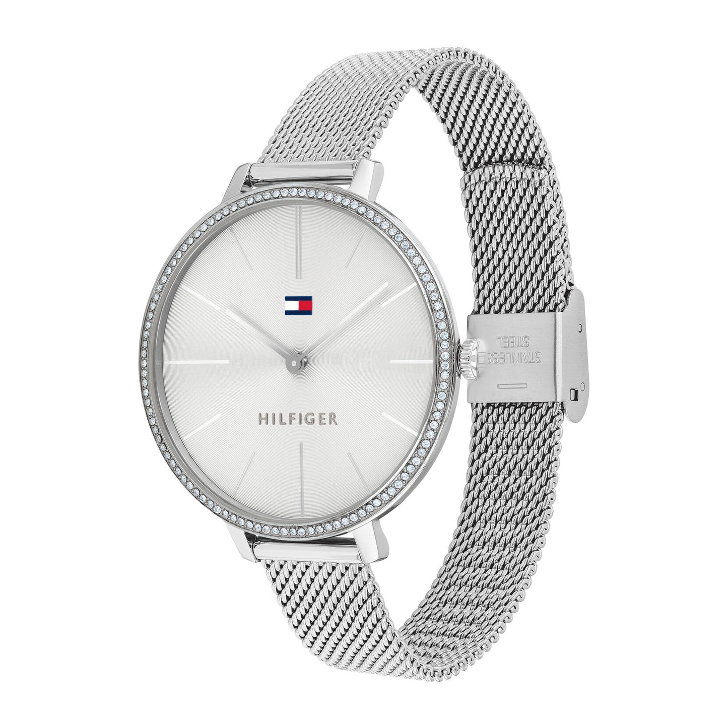 Relógio importado TOMMY HILFIGER feminino 38mm prateado mostrador branco e contorno de Crystais