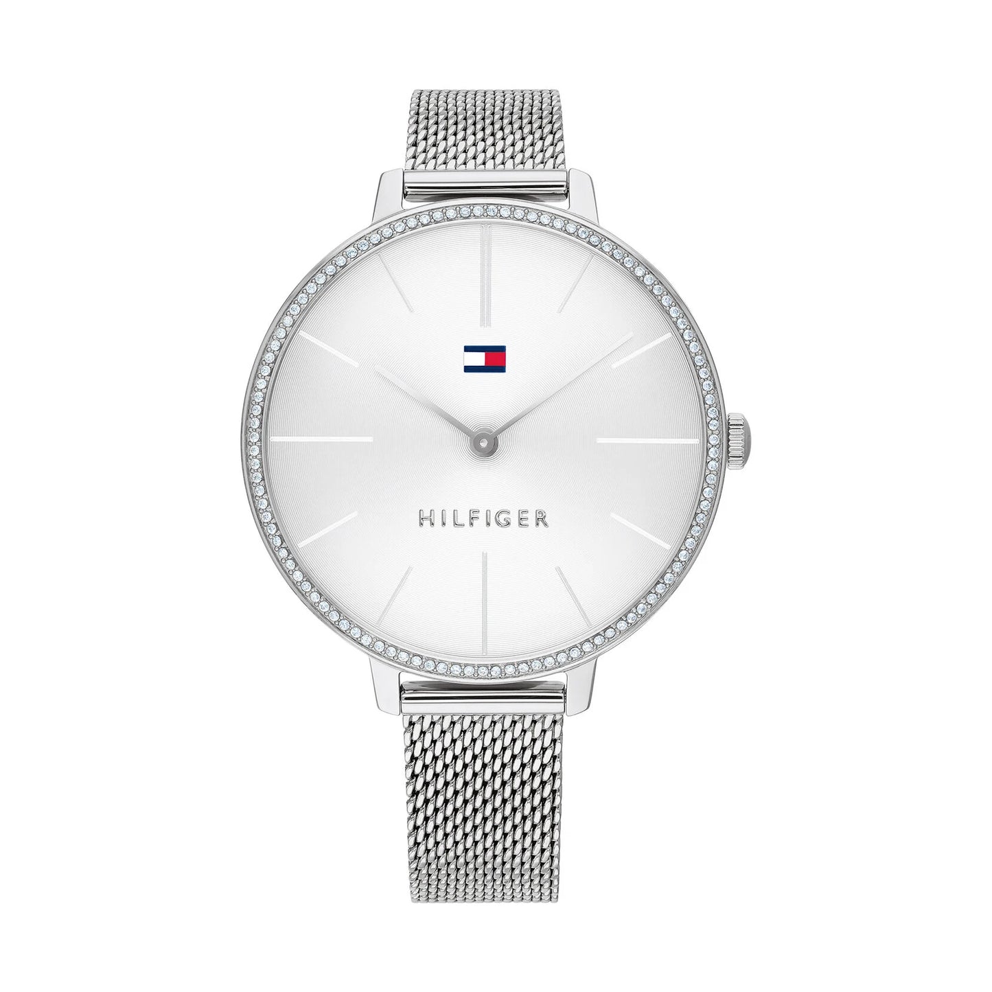 Relógio importado TOMMY HILFIGER feminino 38mm prateado mostrador branco e contorno de Crystais