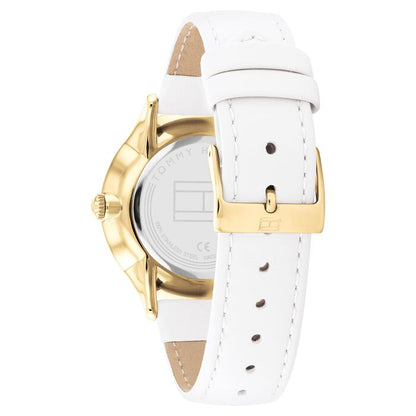 Relógio importado TOMMY HILFIGER feminino 38mm dourado mostrador branco e pulseira branca de couro