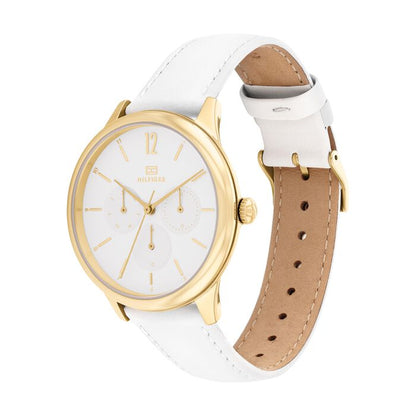 Relógio importado TOMMY HILFIGER feminino 38mm dourado mostrador branco e pulseira branca de couro