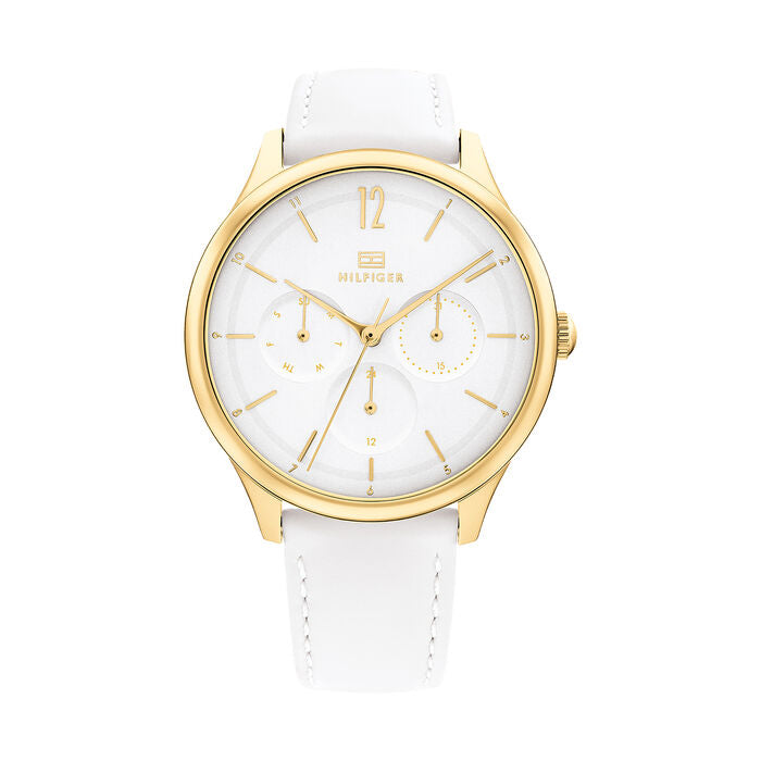 Relógio importado TOMMY HILFIGER feminino 38mm dourado mostrador branco e pulseira branca de couro