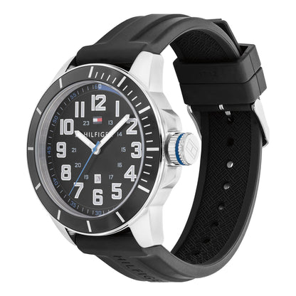 Relógio masculino Tommy Hilfiger masculino, aço inoxidável, mostrador preto de 48 mm, pulseira de silicone preta (1791072)