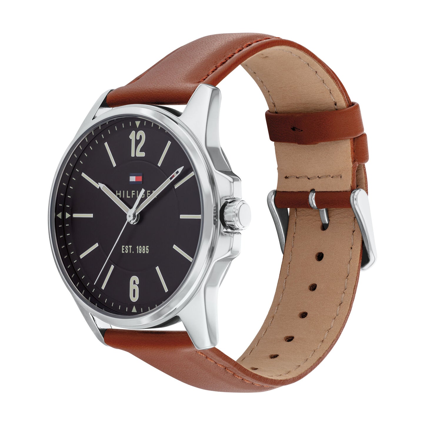 Relógio masculino Tommy Hilfiger 45mm em aço inoxidável com acabamento prateado, mostrador preto e pulseira marrom lisa (1791448)