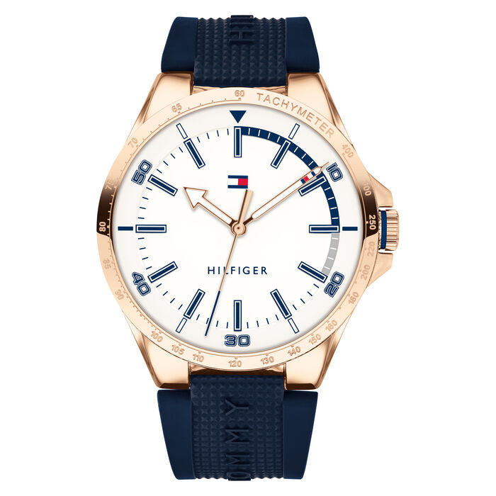 Relógio masculino TOMMY HILFIGER mostrador branco pulseira azul marinho