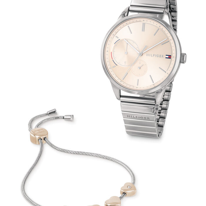 Conjunto Relógio e Pulseira importados TOMMY HILFIGER feminino 38mm prata com mostrador rose