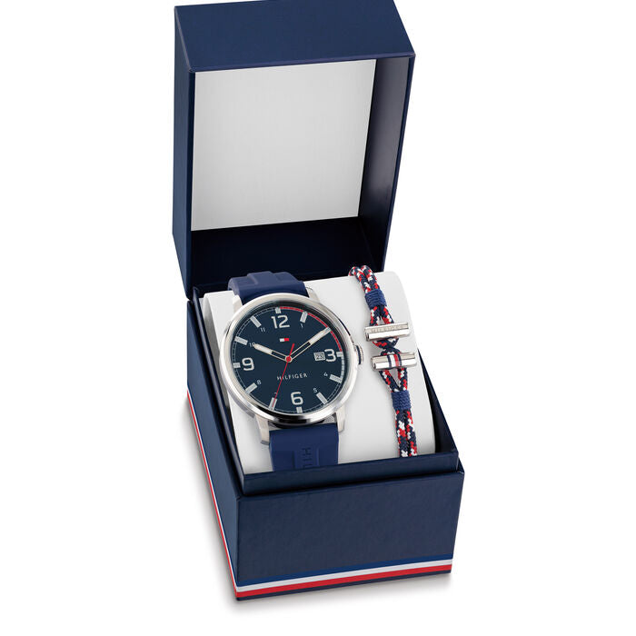 Conjunto Relógio marcador azul e Pulseira vermelha e azul masculinos TOMMY HILFIGER 44mm