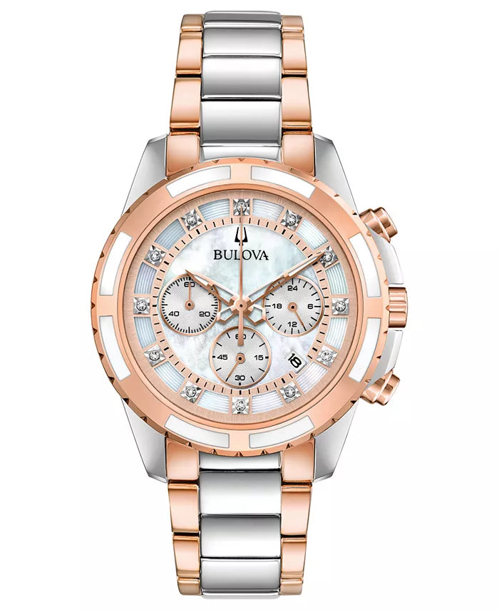 Relógio feminino cronógrafo com detalhes em diamante e pulseira de aço inoxidável bicolor 36 mm