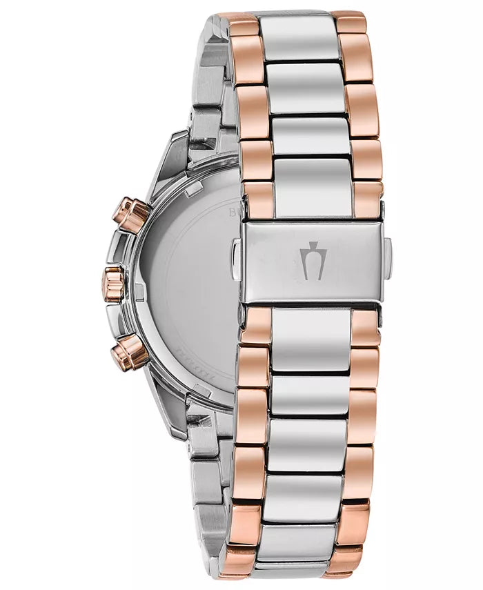 Relógio feminino cronógrafo com detalhes em diamante e pulseira de aço inoxidável bicolor 36 mm