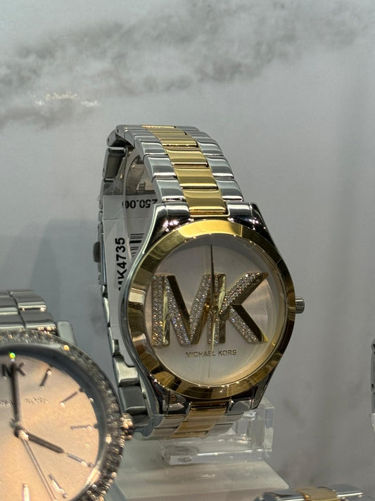 Relógio de aço inoxidável Michael Kors Blair dourado e prata mostrador com logo MK e cristais